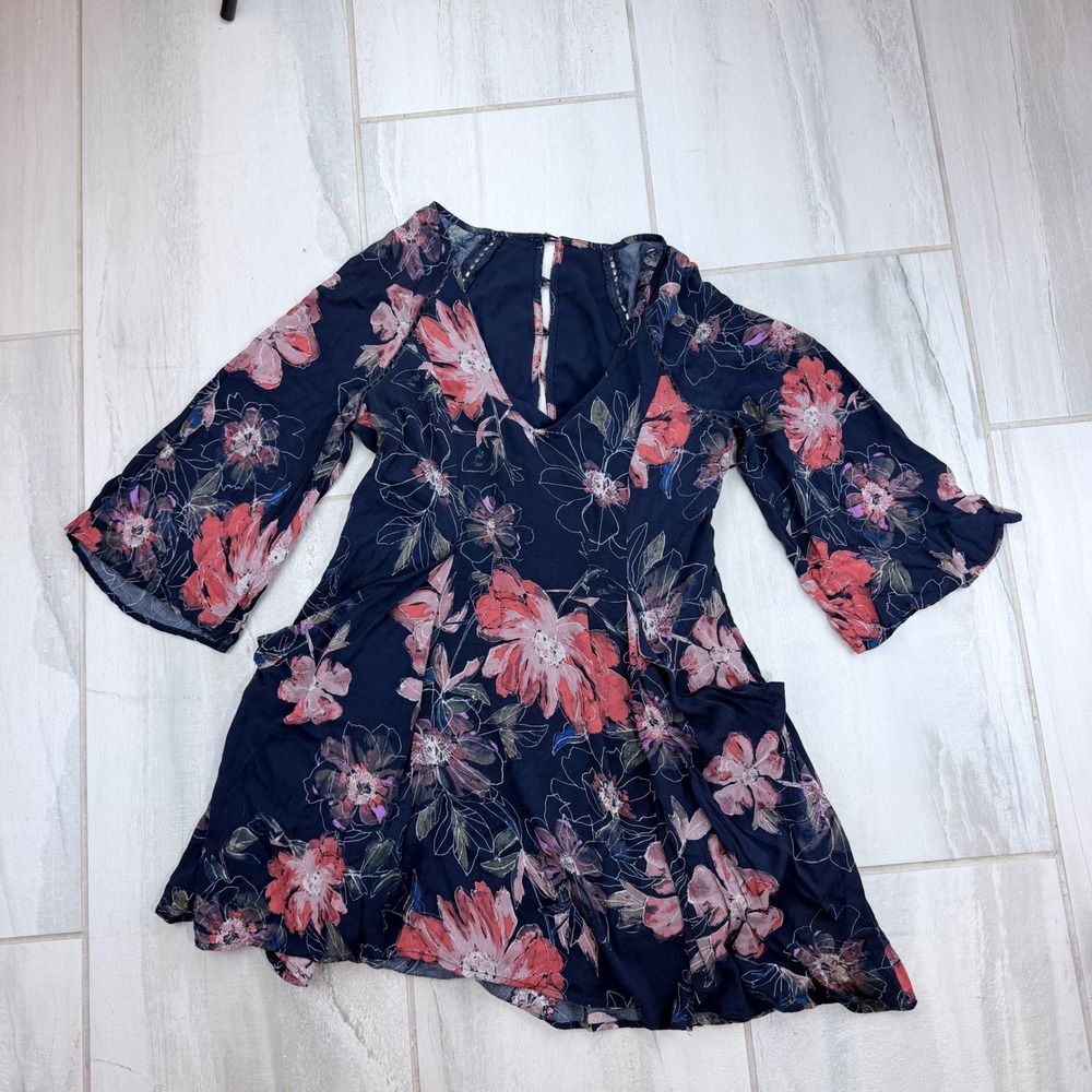 Free People Navy Floral V Neck Mini Dress Bell Sleeves XS